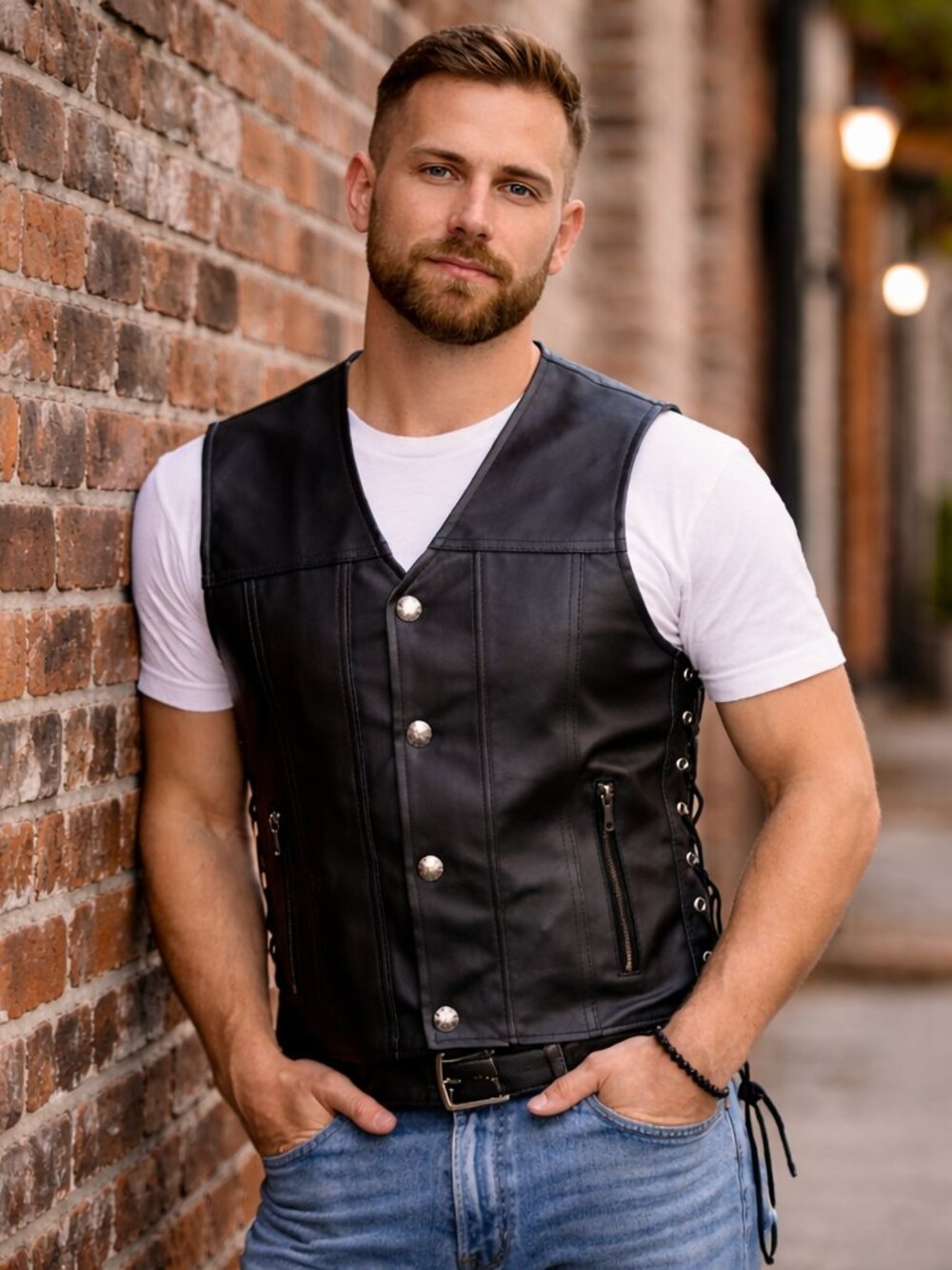 Mens Black Leather Vest Classic Biker Motorcycle Style Side Lace